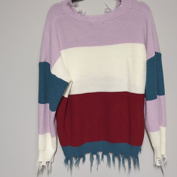 SHEIN Color Block Shark bite Hem V Neck Sweater - Picture 4 of 6